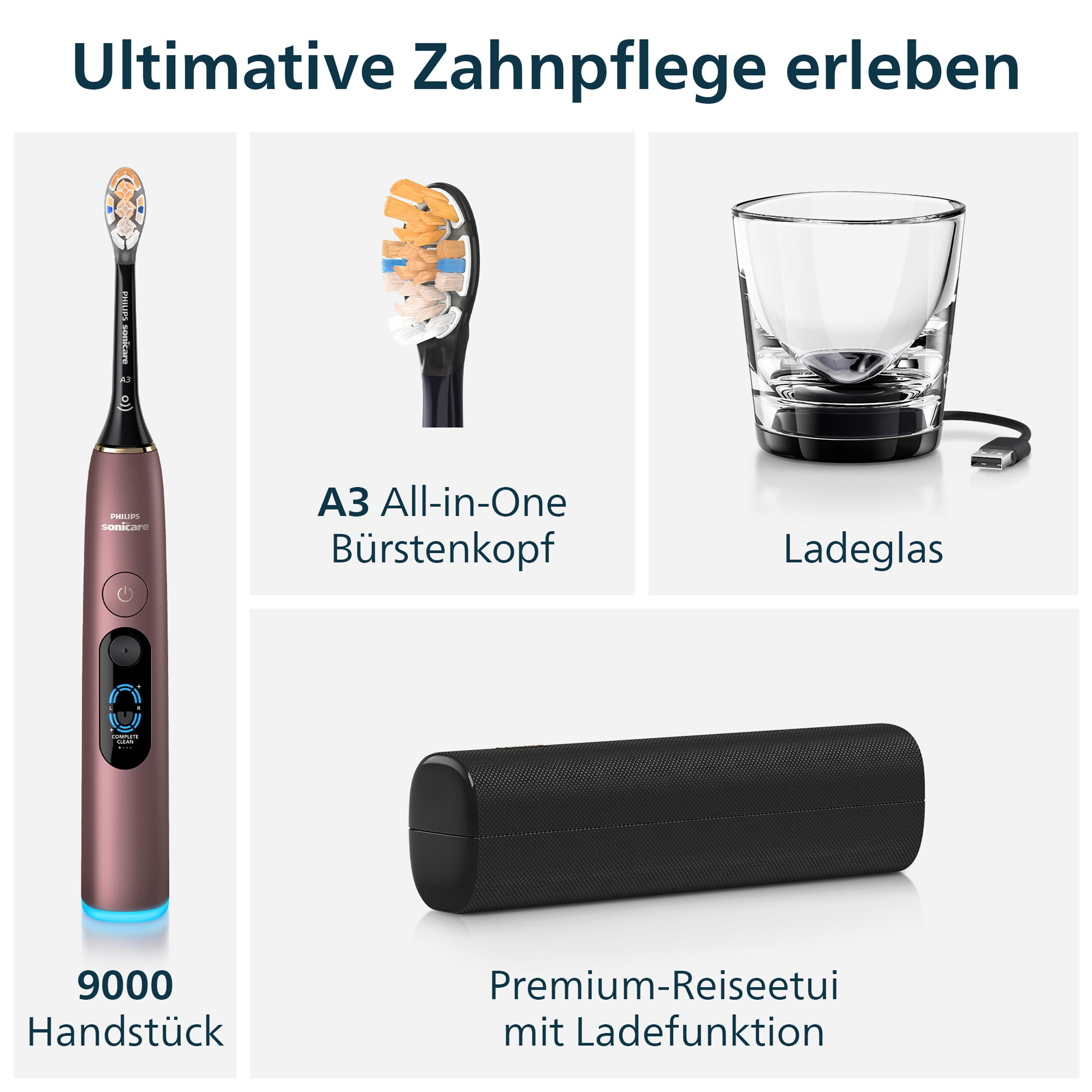 Ein Philips Sonicare Handstück, Bürstenkopf, Ladeglas und Reiseetui.