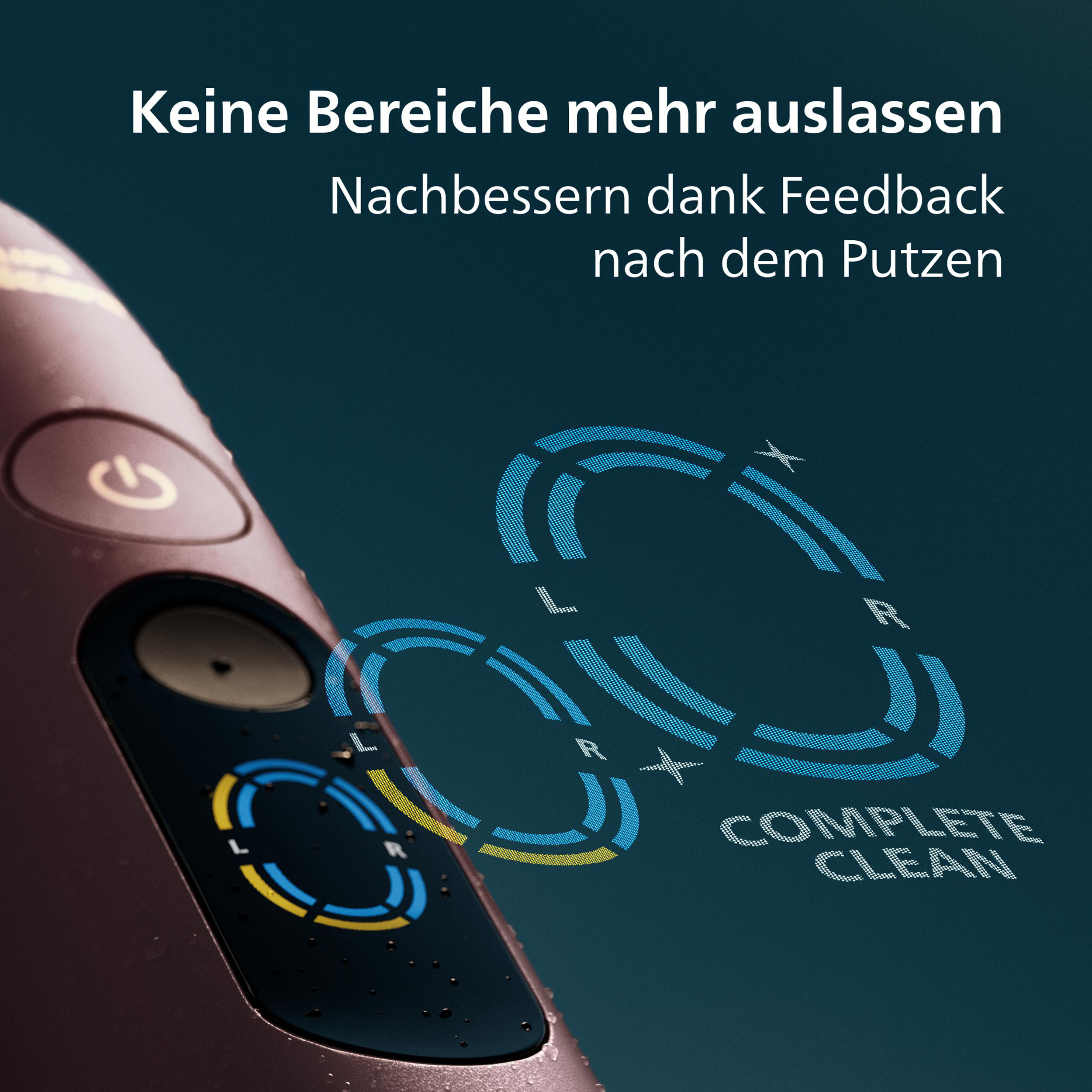 Elektrische Zahnbürste mit Ladeanzeige und Reinigungsmodus-Indikatoren.