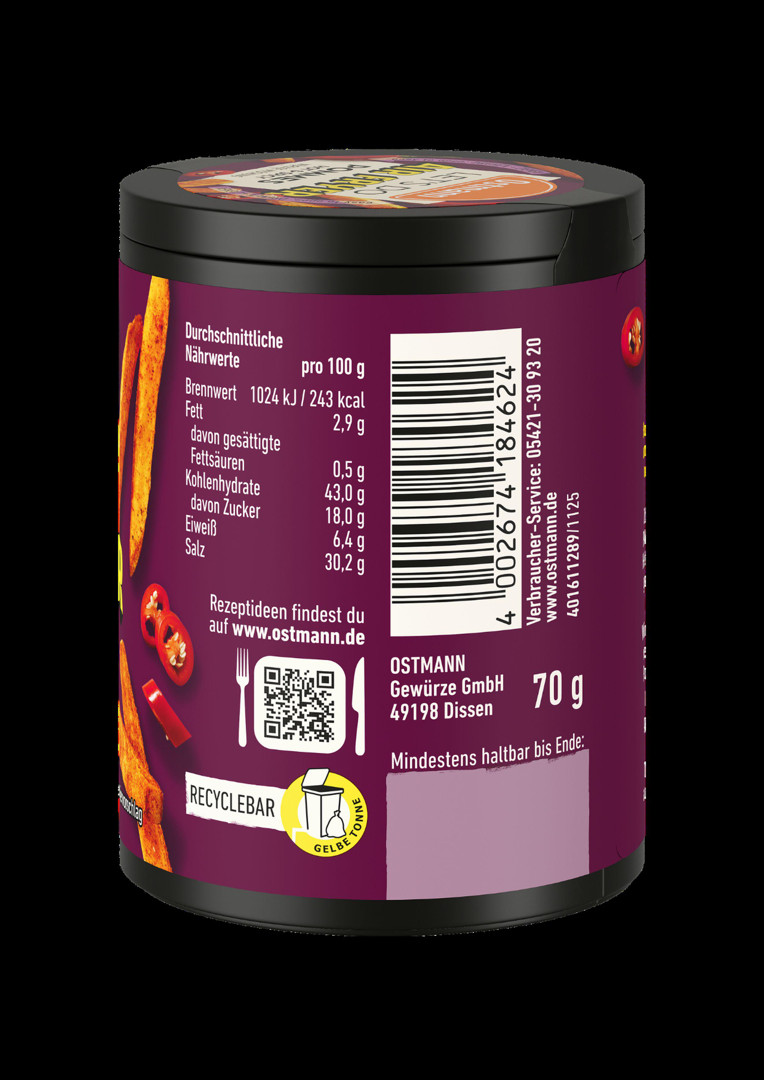 Lila Dose mit Gewürzen, Nährwertangaben, Barcode und Chilischeiben.