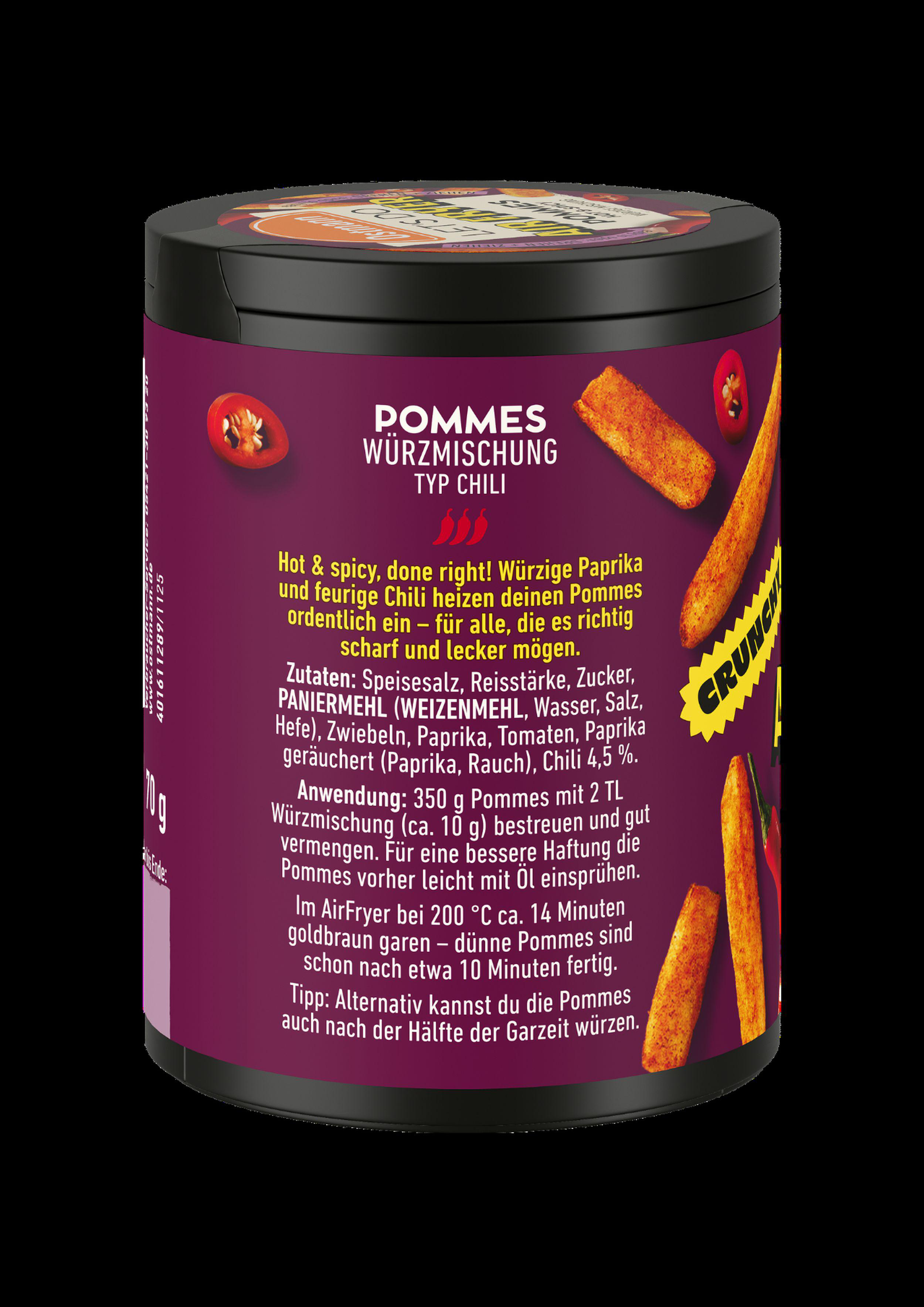 Ein Behälter mit Pommes-Würzmischung, Typ Chili, mit Bildern von Pommes und Chilis.