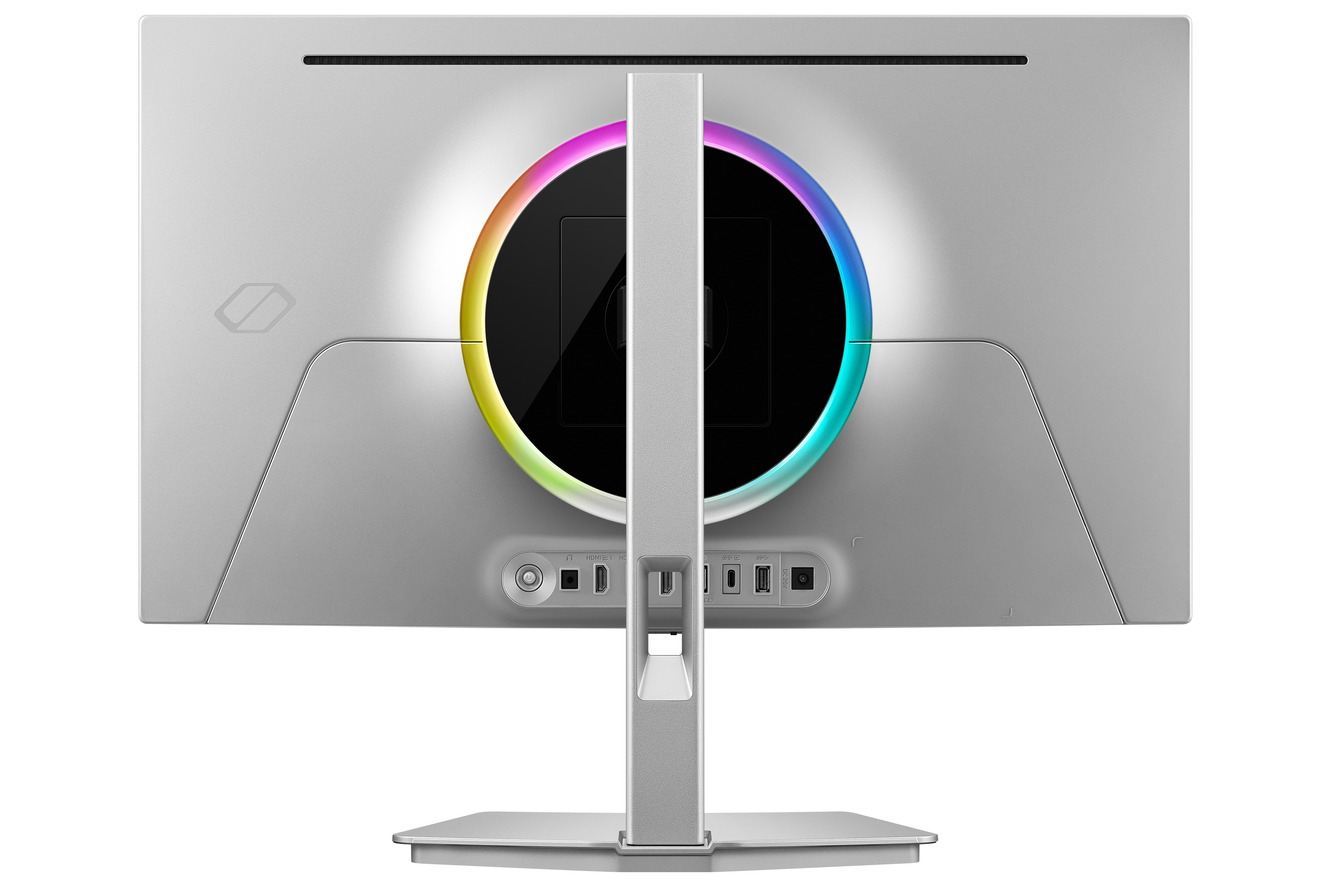 Dairesel RGB ışıklı ve bağlantı noktalarına sahip gümüş monitörün arkası.