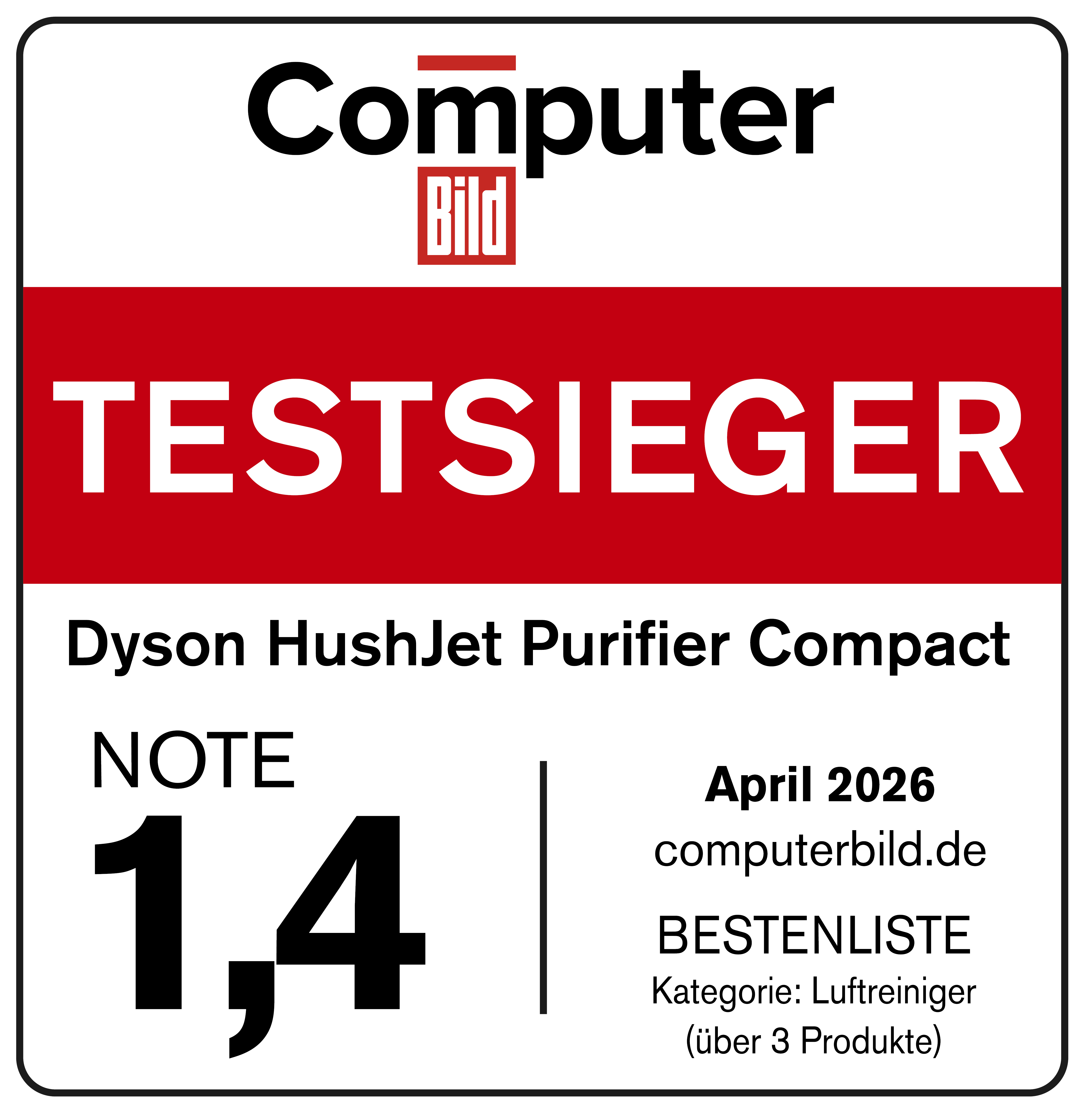 Computer Bild Testsieger Siegel für Dyson HushJet Purifier Compact, Note 1,4.