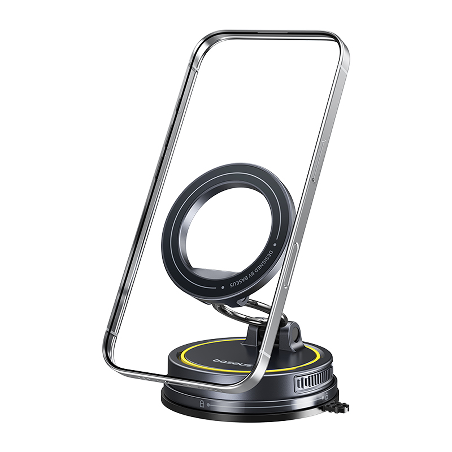 Un smartphone plateado está montado en un cargador negro con detalles amarillos.
