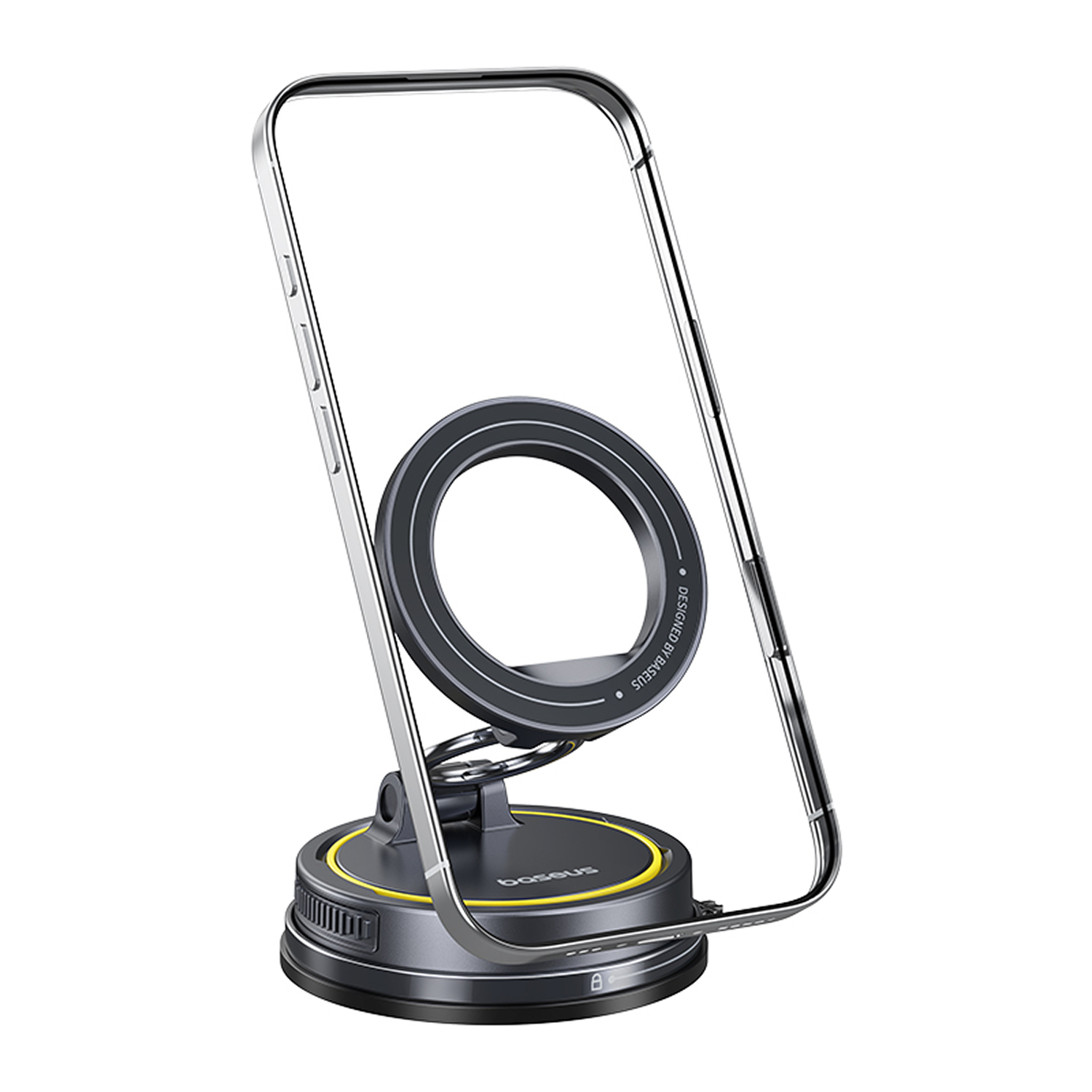 Un soporte para teléfono con bobina de carga sobre una base oscura con detalles amarillos.