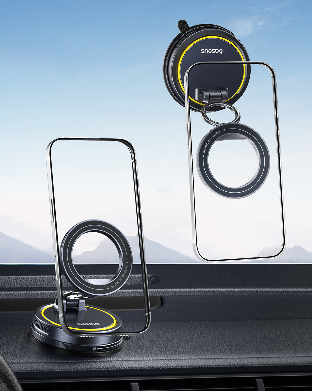 Dos fundas transparentes para teléfono con soportes de anillo magnético en un salpicadero.