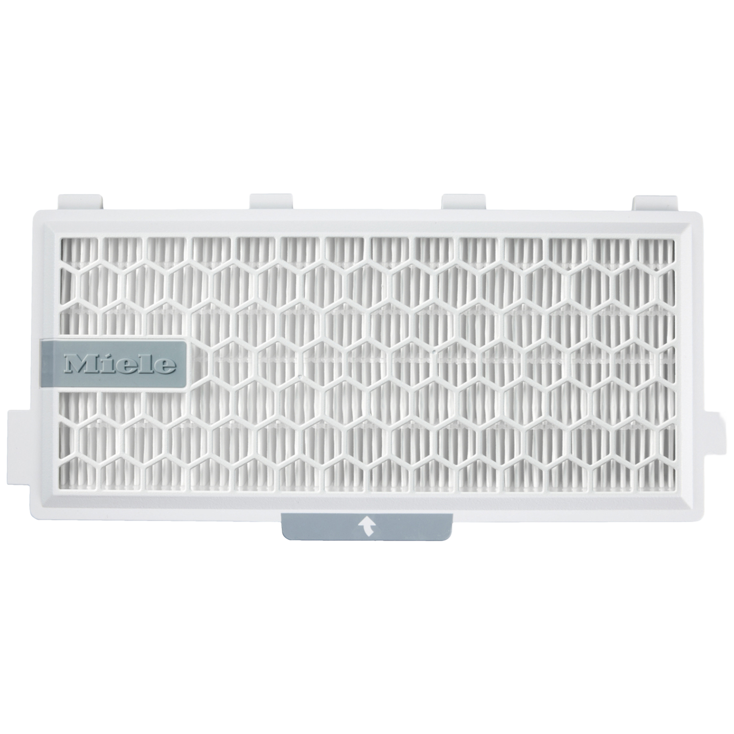 Een wit Miele filter met honingraatpatroon en een pijl.