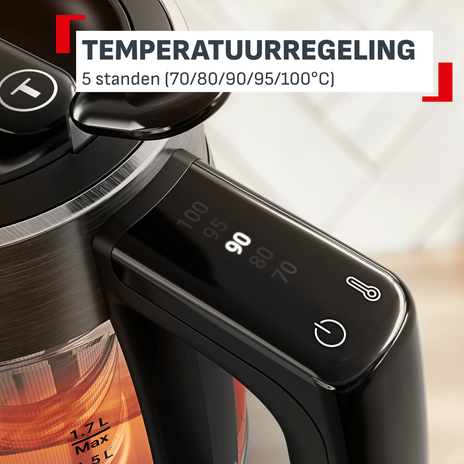 Zwarte waterkoker met digitaal temperatuurdisplay (90°C) en temperatuurselectie.