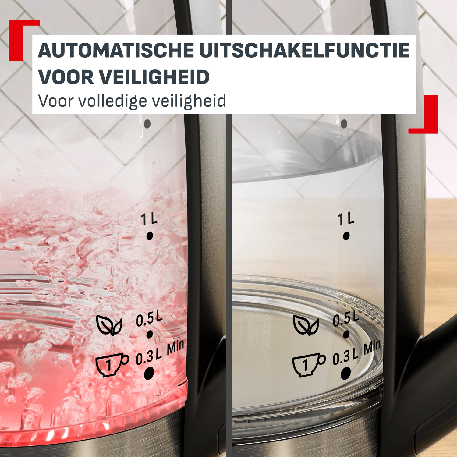 Waterkoker met rood licht en kokend water links, helder rechts. Tekst in het Nederlands.
