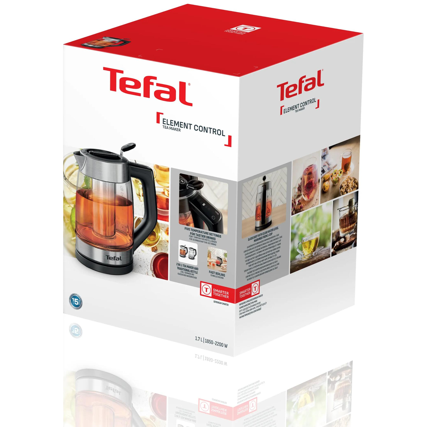 Tefal Element Control theemaker doos met glazen kan en productafbeeldingen.