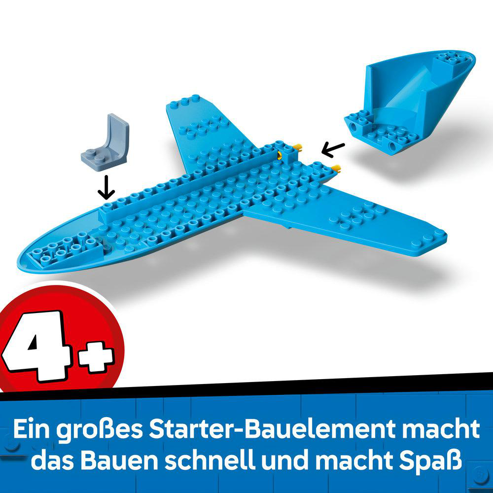 Blauer Lego-Flugzeug-Bausatz mit Pfeilen, die auf Verbindungen zeigen. Alter 4+.