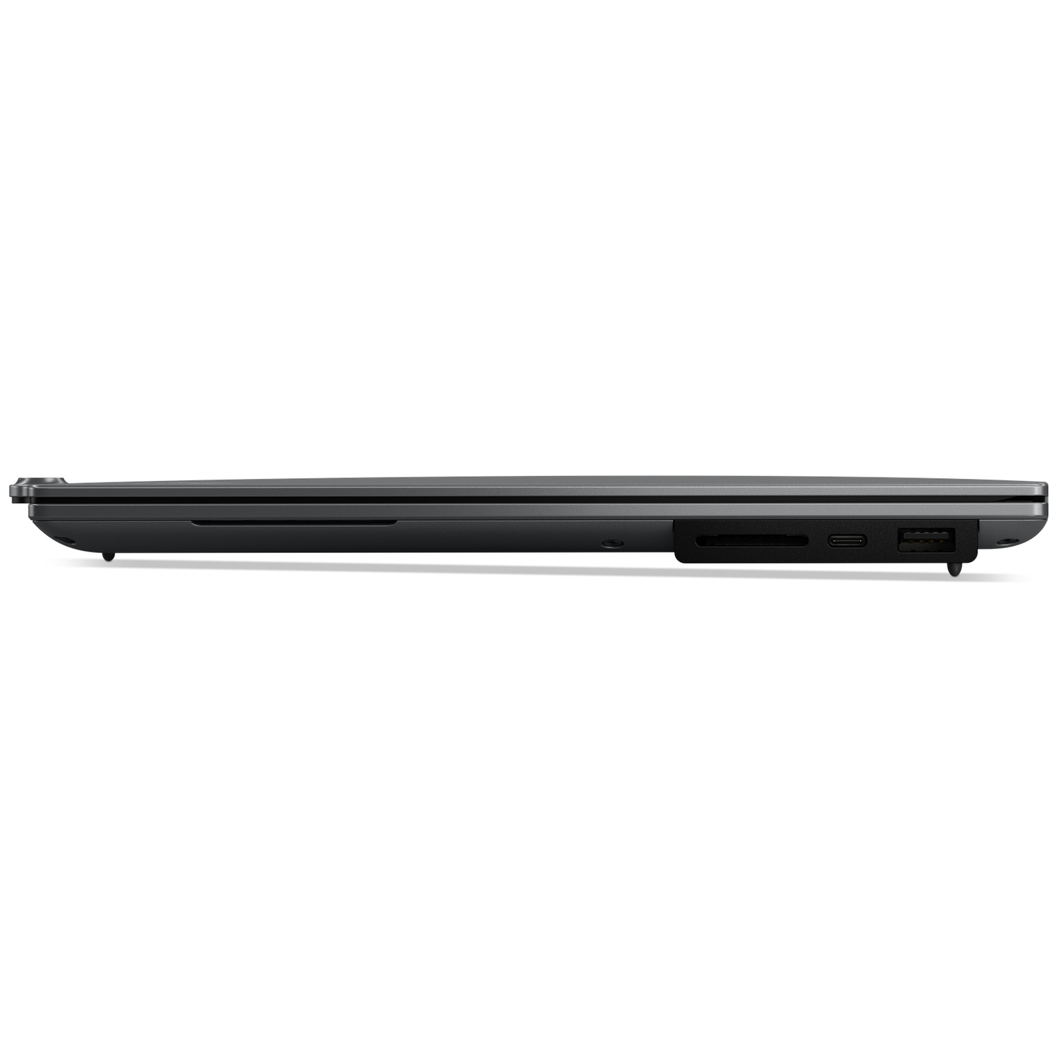 Side view of a dark laptop, showing an SD card slot and USB port.