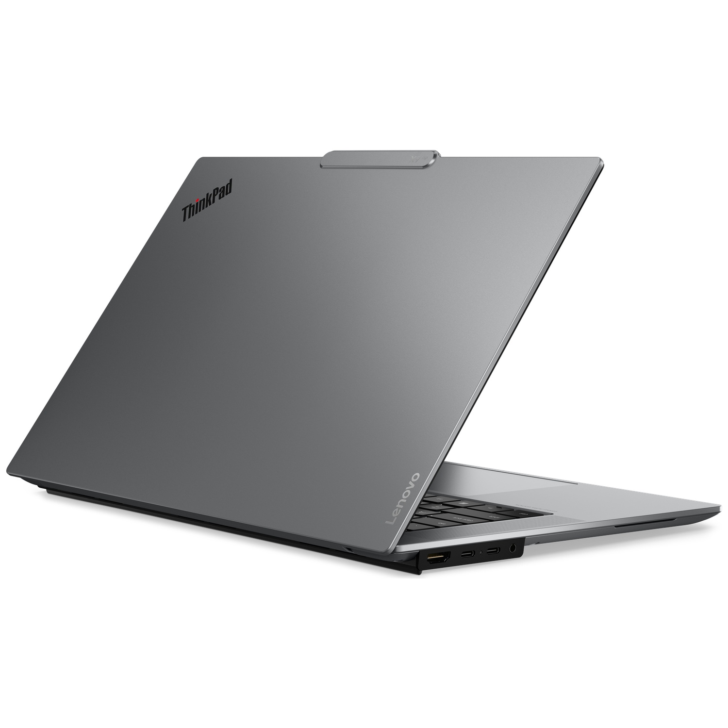 A grey Lenovo ThinkPad laptop is open, showing the keyboard and ports.