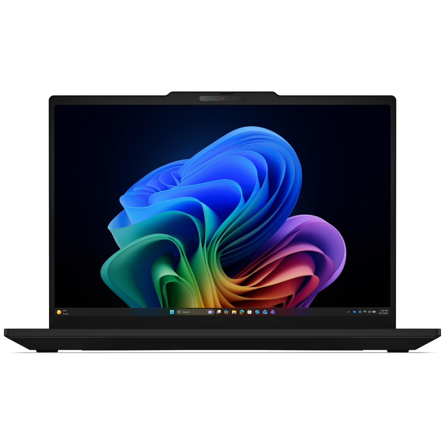 A black laptop displaying a colorful abstract wallpaper on its screen.