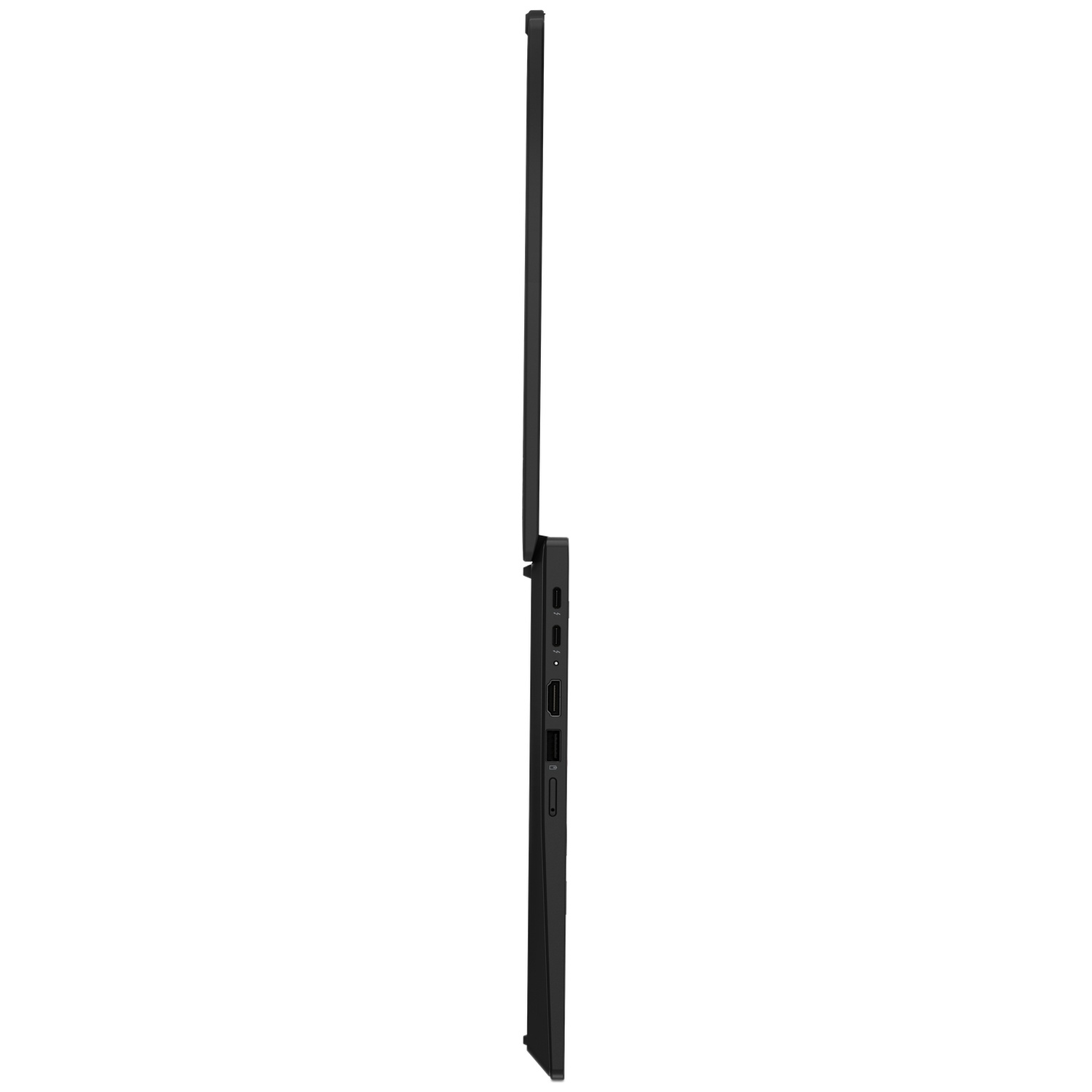 Side view of a black laptop with screen open, showing ports.
