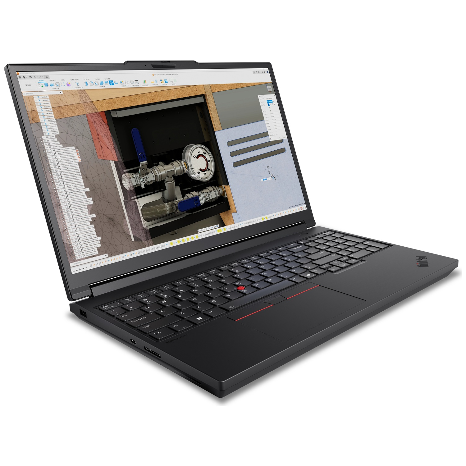 An open black Lenovo ThinkPad laptop displays a technical drawing on its screen.