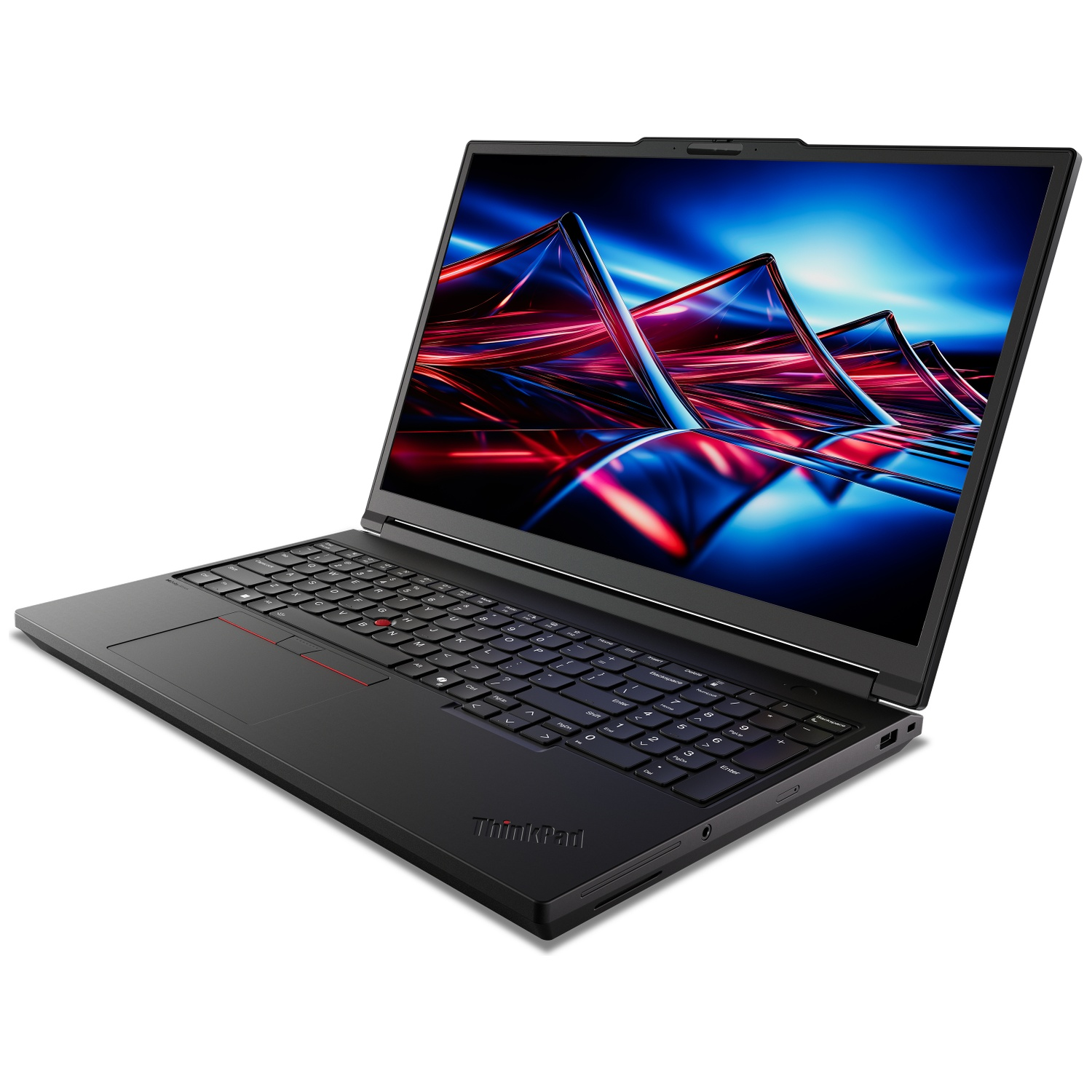 A black laptop is shown with a vibrant, abstract background on its screen.