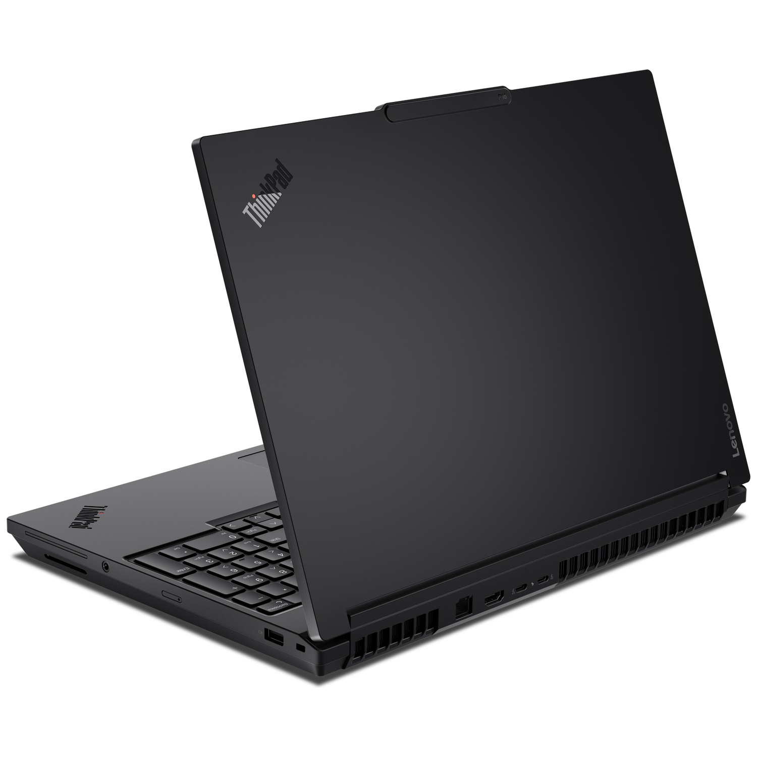 Black Lenovo ThinkPad laptop with lid open, showing keyboard and ports.