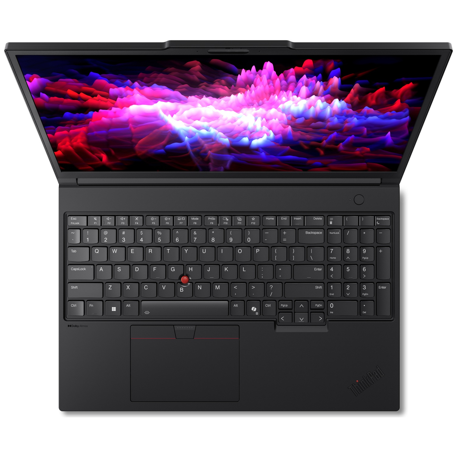 Black laptop with vibrant abstract wallpaper on screen, open keyboard and trackpad.