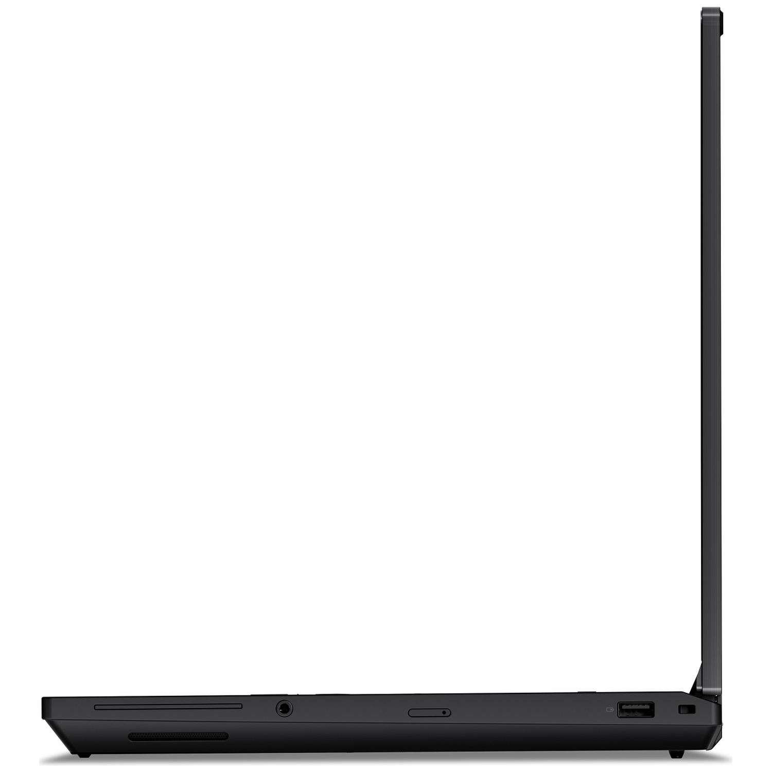 Side view of a black laptop showing ports and ventilation slots.