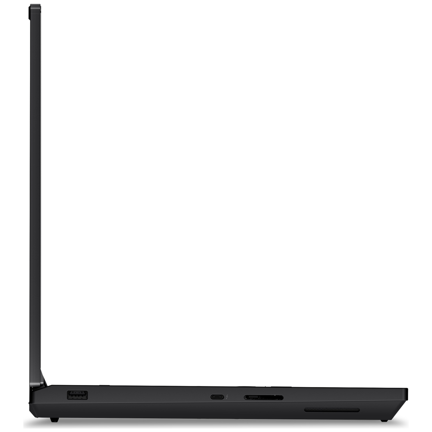 Side view of a black laptop, showing USB ports and vents on its base.