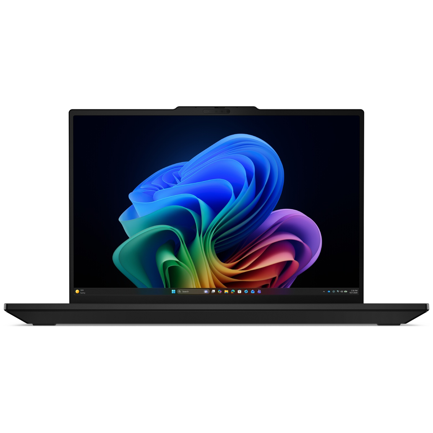 A black laptop displaying a colorful abstract wallpaper on its screen.