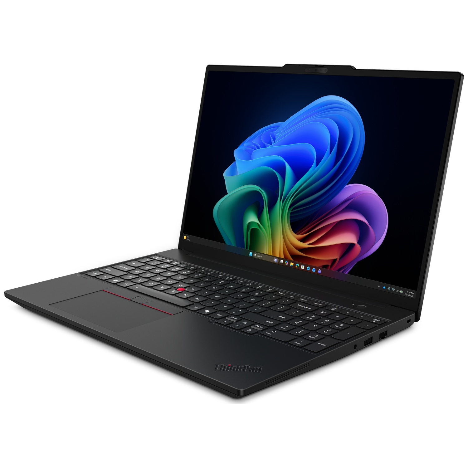 Black laptop displaying a colorful wallpaper on screen with a keyboard.