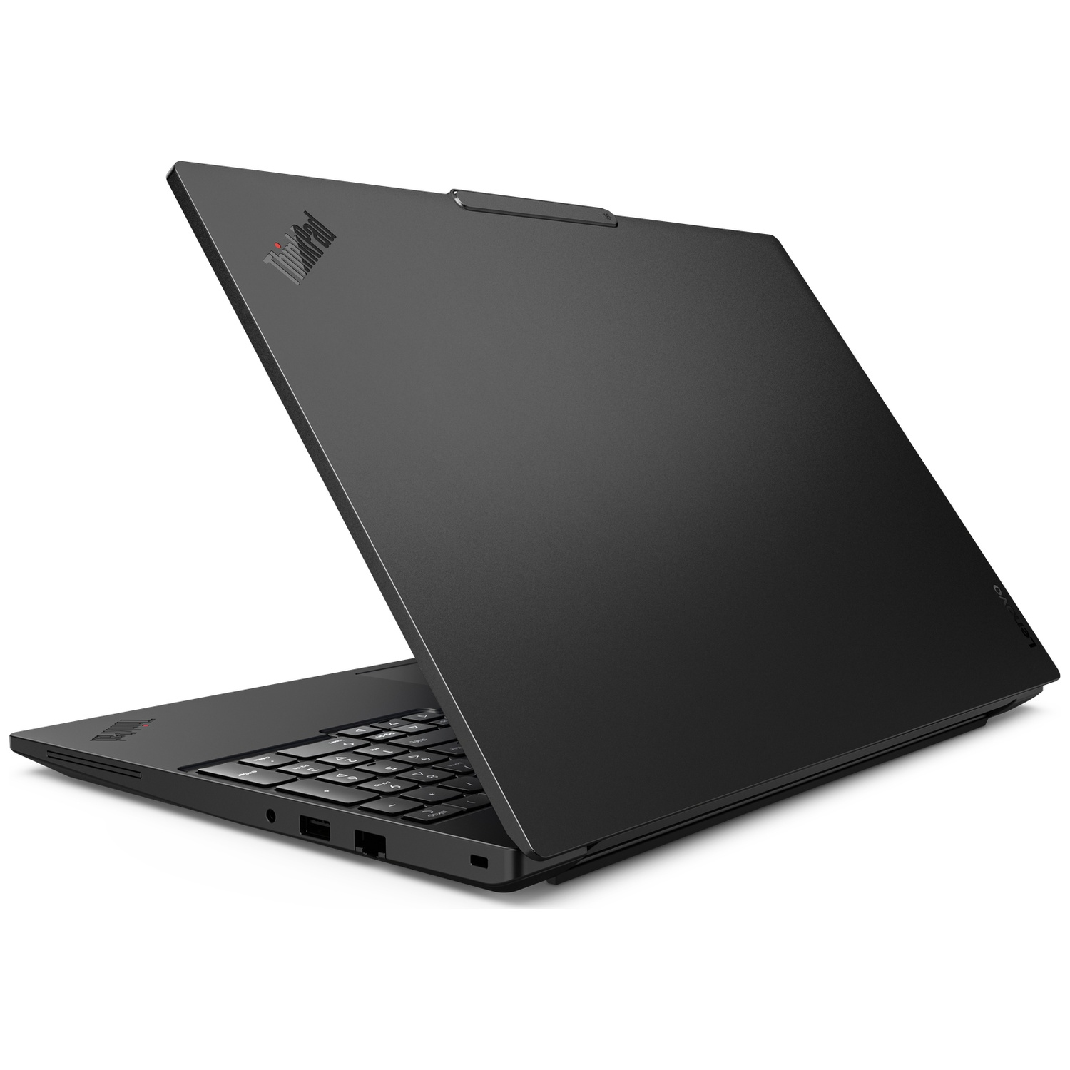 Black laptop with screen and keyboard open, ThinkPad logo visible.