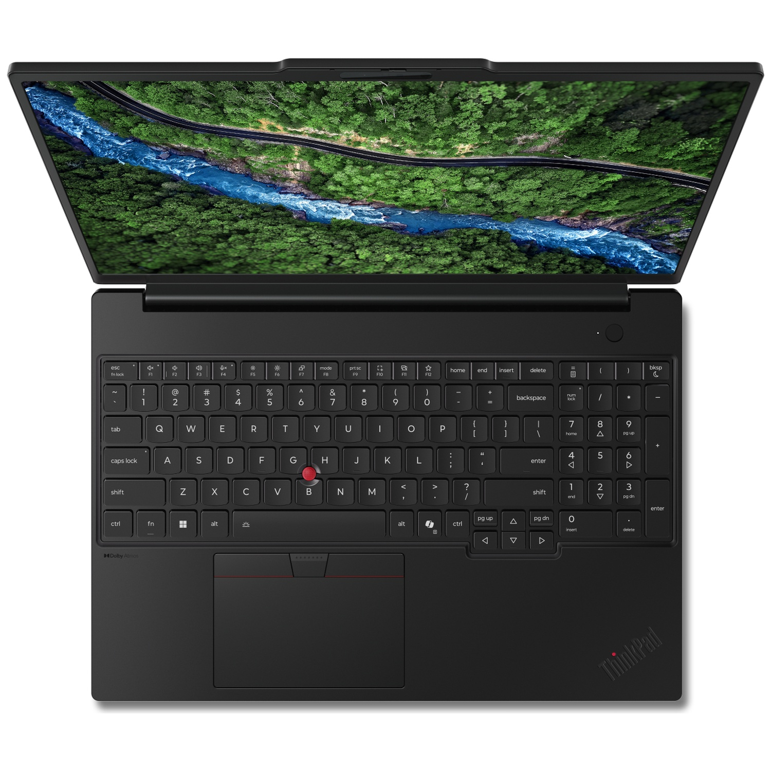 Black laptop with open screen displaying a river landscape.