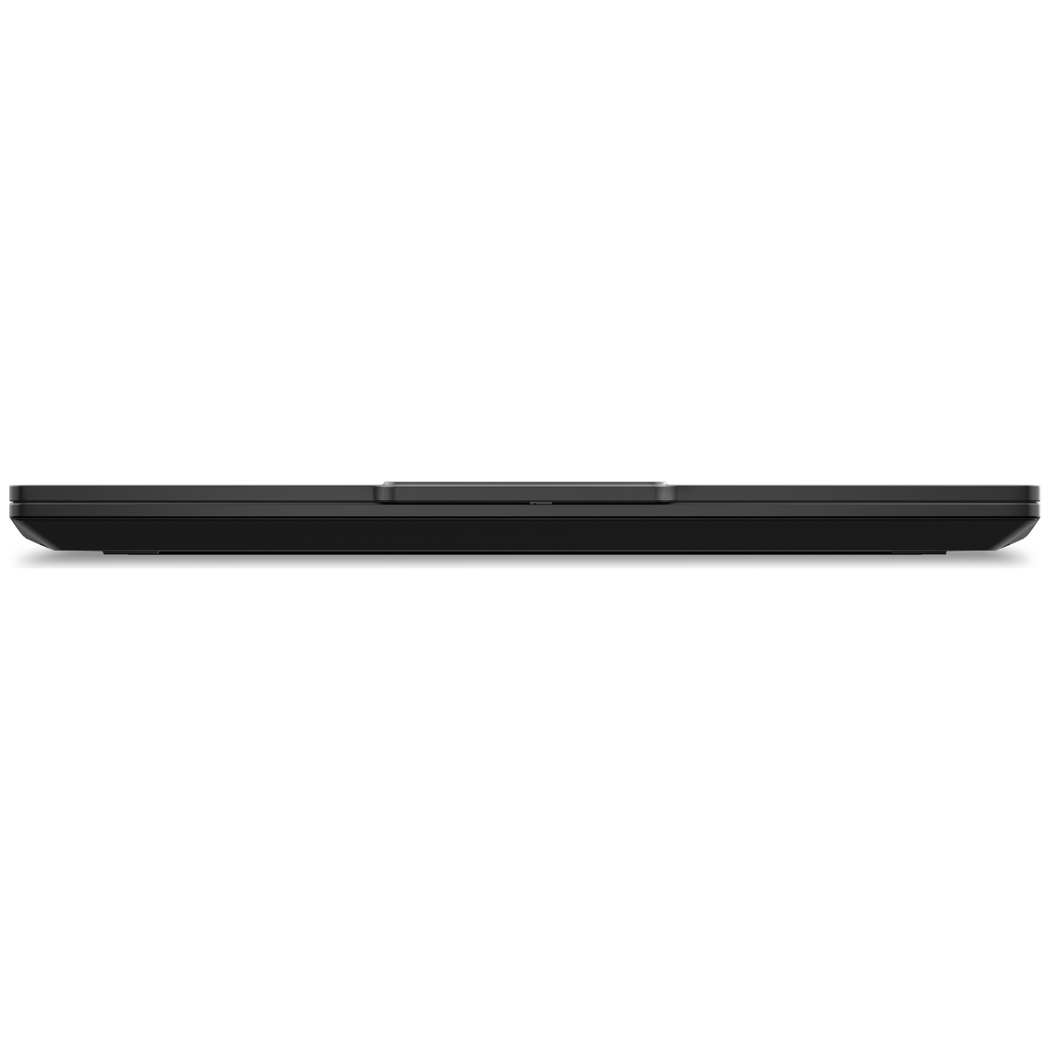 Black, thin laptop in profile, on a white background.