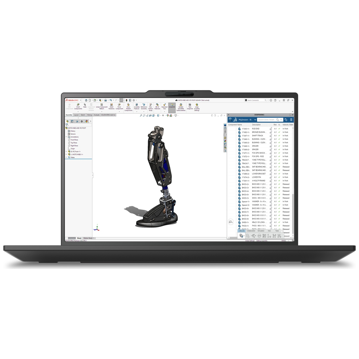 A laptop displays a 3D design of a prosthetic leg model with component lists.