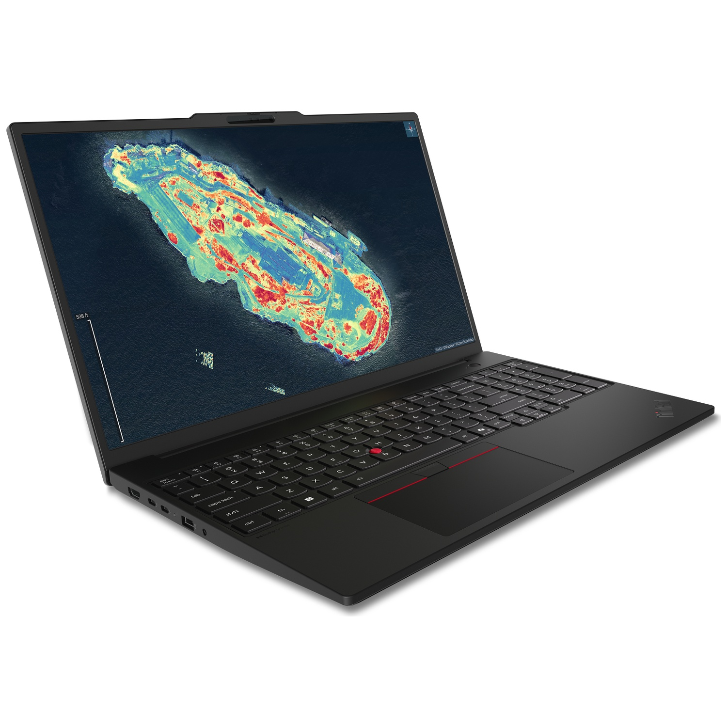 Black laptop displaying a colorful aerial map with elevation data on screen.