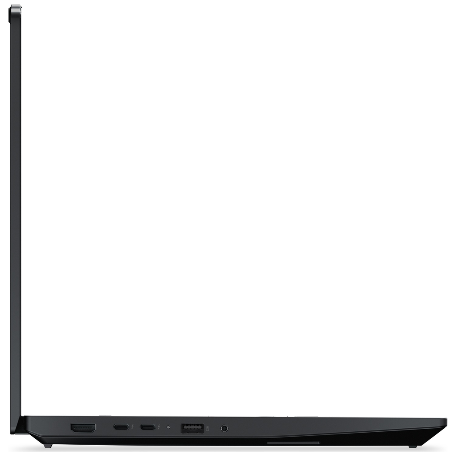 Side view of a black laptop showing HDMI, USB, and audio ports.