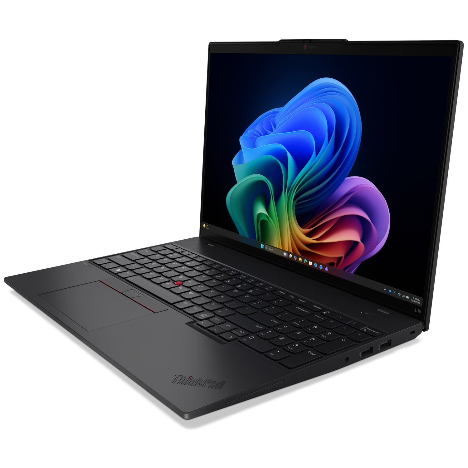 Black ThinkPad laptop with colorful abstract wallpaper on screen.