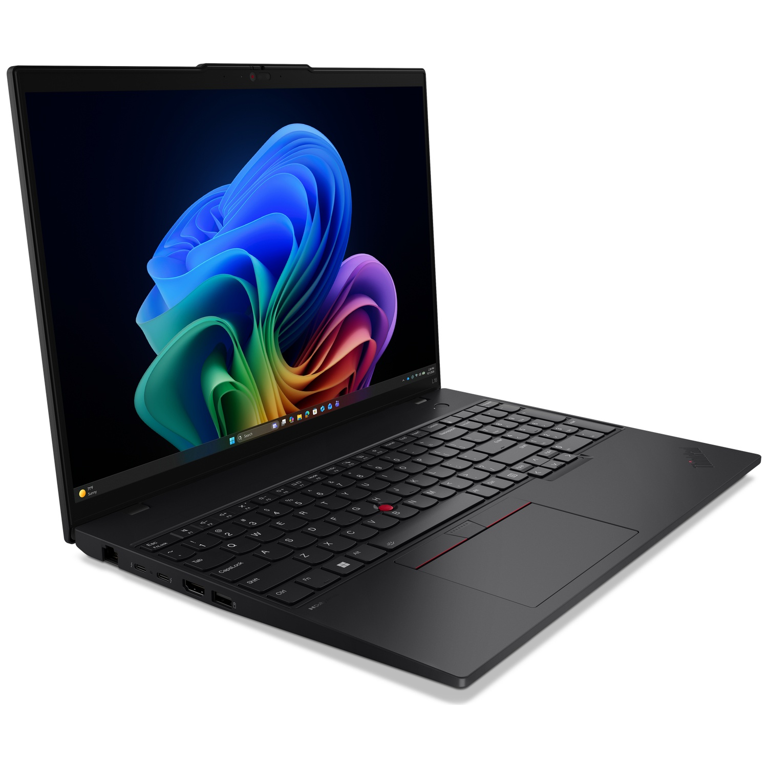 Black laptop with an open colorful wallpaper on screen, angled view.