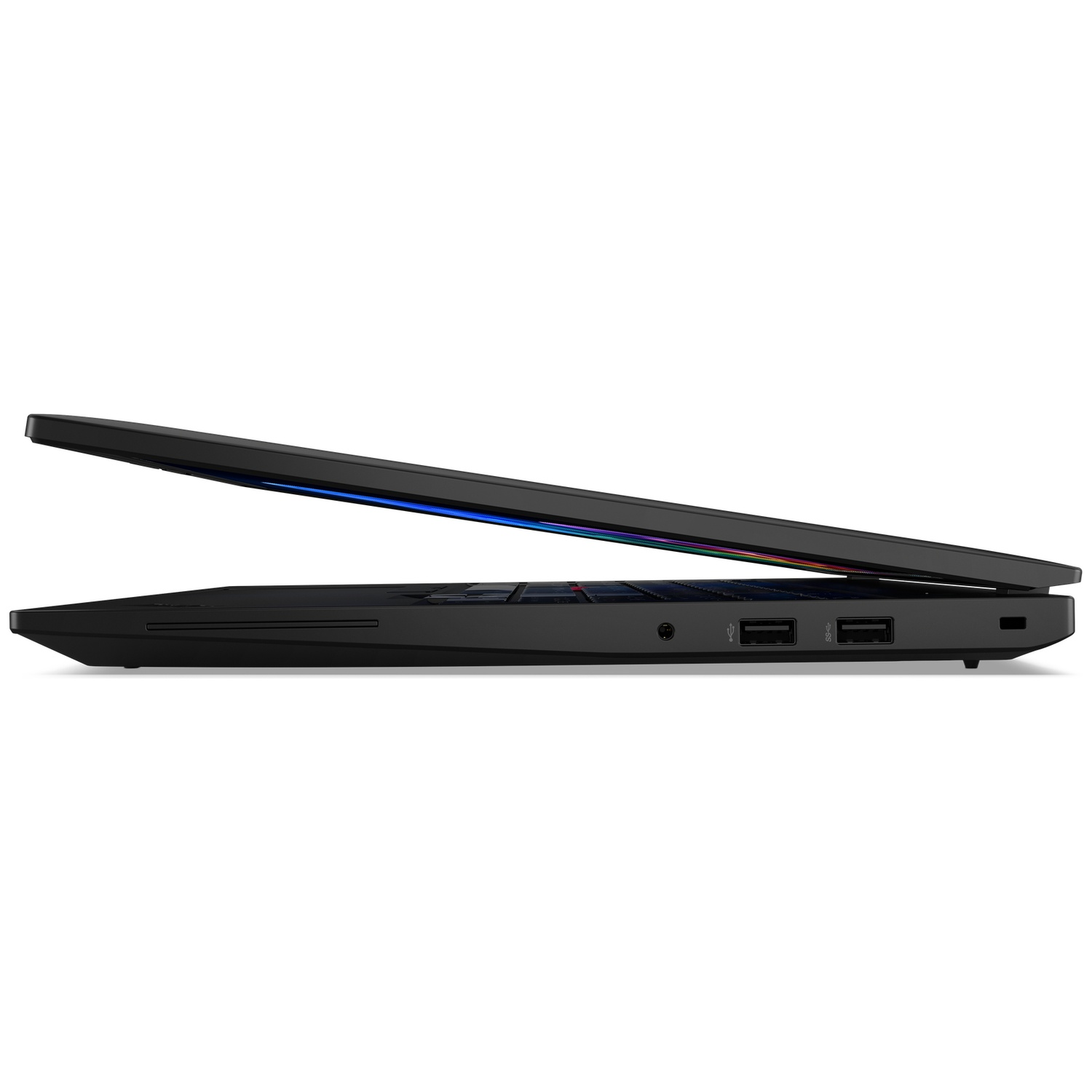 Black laptop in profile with lid open, blue accent lighting.