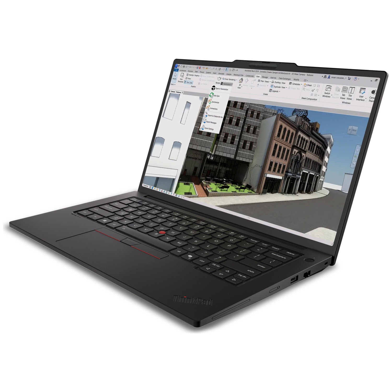 Black laptop displaying architectural 3D model software with buildings.