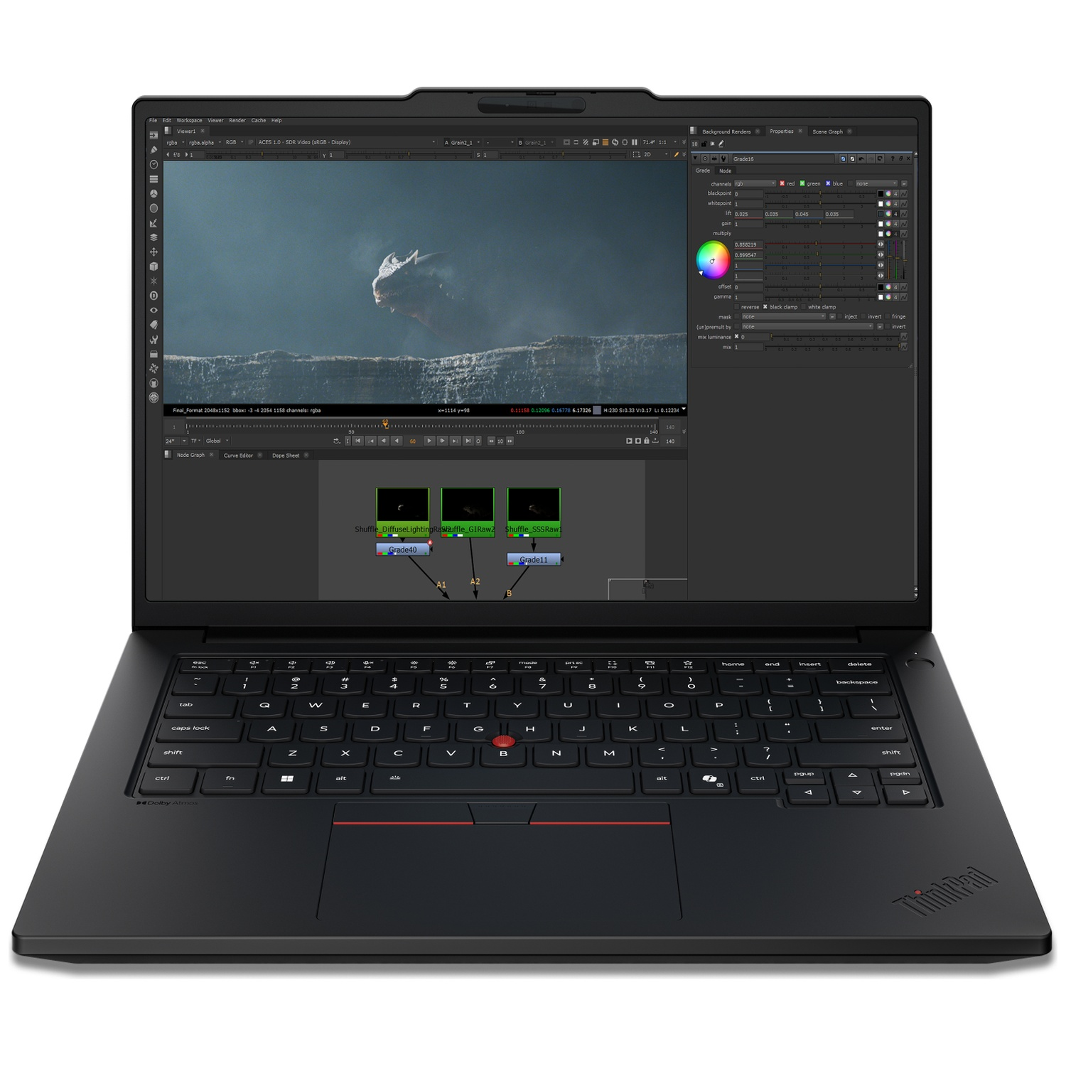 A black laptop displaying a dragon on screen and its keyboard.