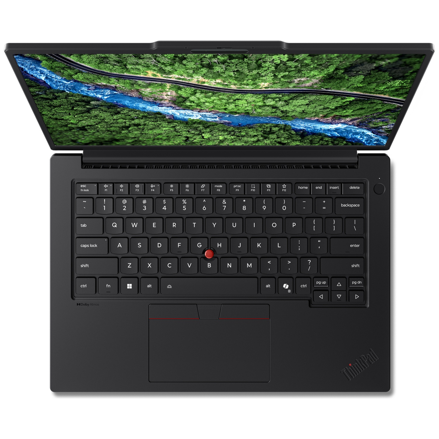 An open black laptop displaying a landscape image on its screen.
