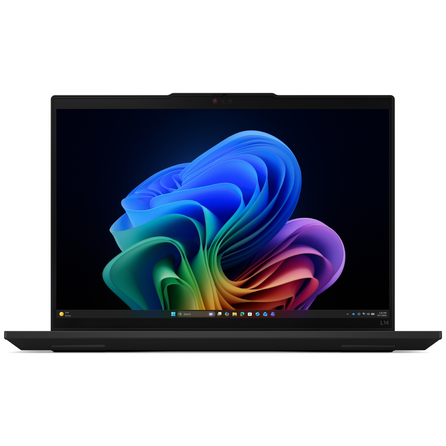 Black laptop displaying a blue and colorful wallpaper on its screen.