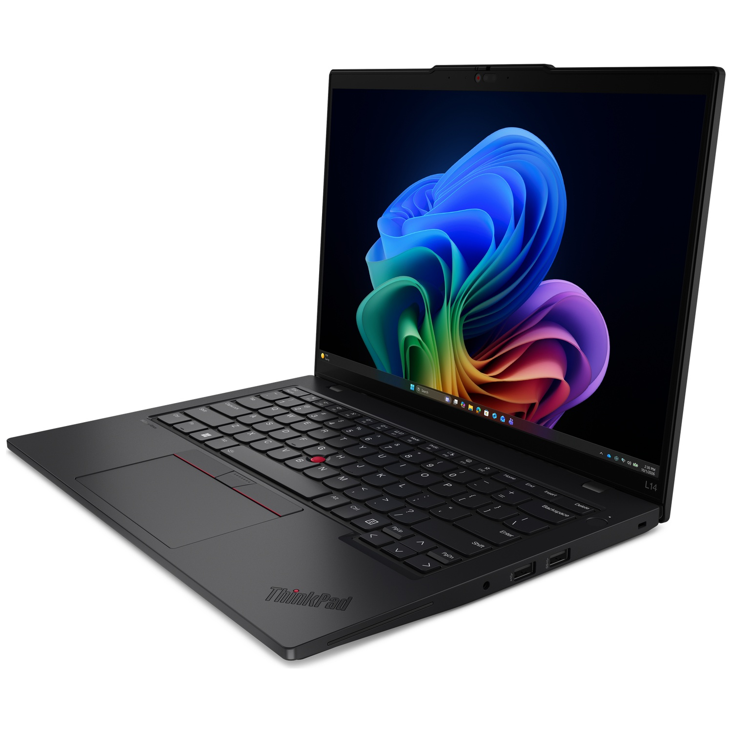 A black Lenovo ThinkPad laptop displaying a colorful wallpaper on its screen.