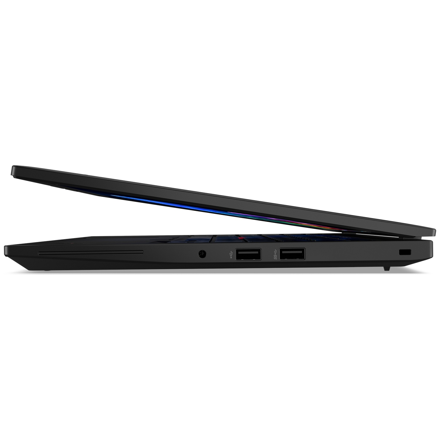 Black laptop in profile, screen slightly open, showing USB ports.