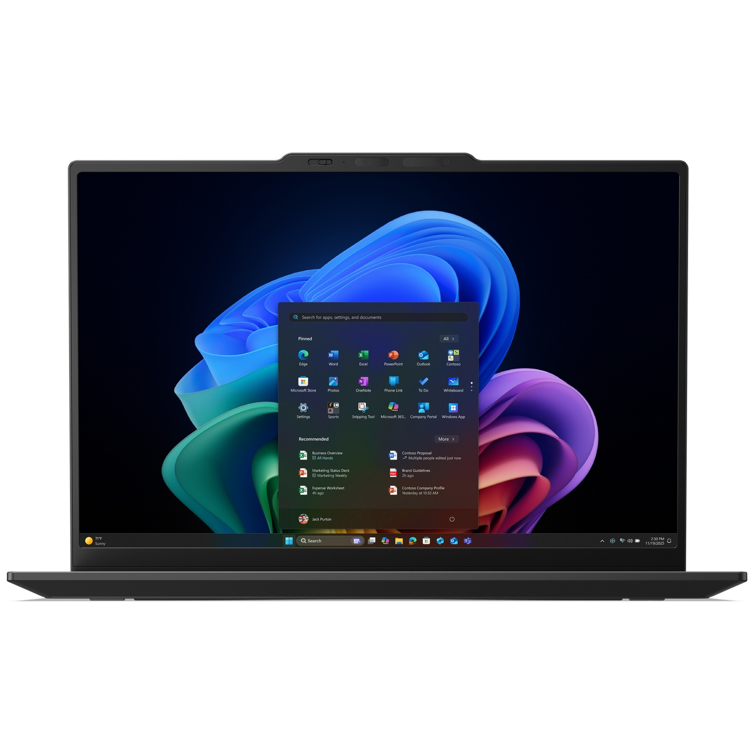 A black laptop displays the Windows 11 start menu with a blue and purple wallpaper.