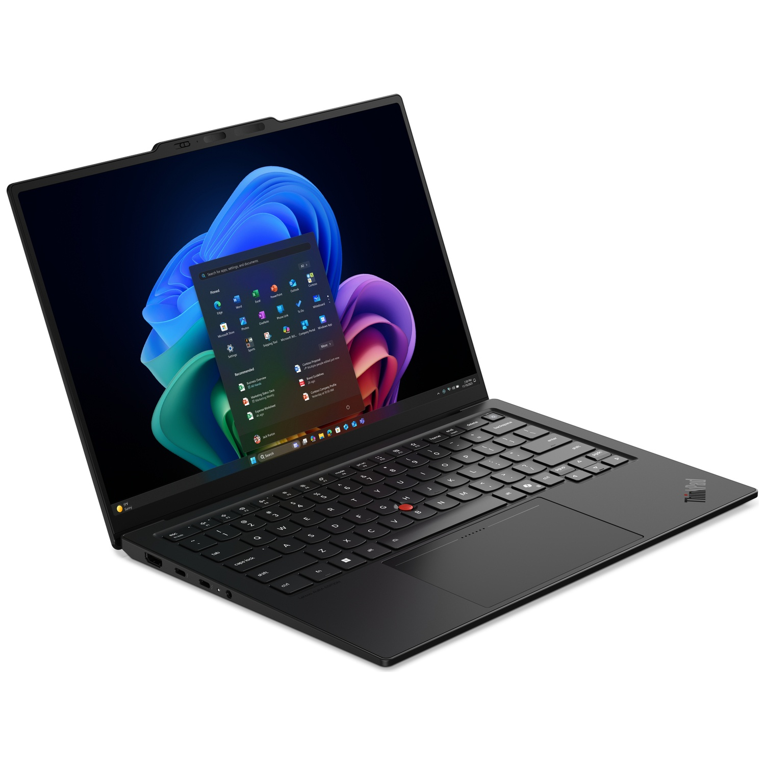 Black laptop with screen open, displaying the Windows 11 Start menu.