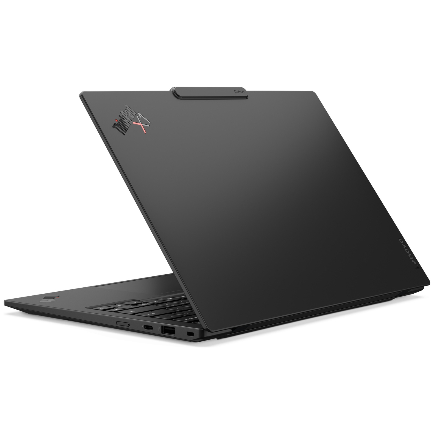A black Lenovo ThinkPad X1 Carbon laptop is open, showing the keyboard and screen.
