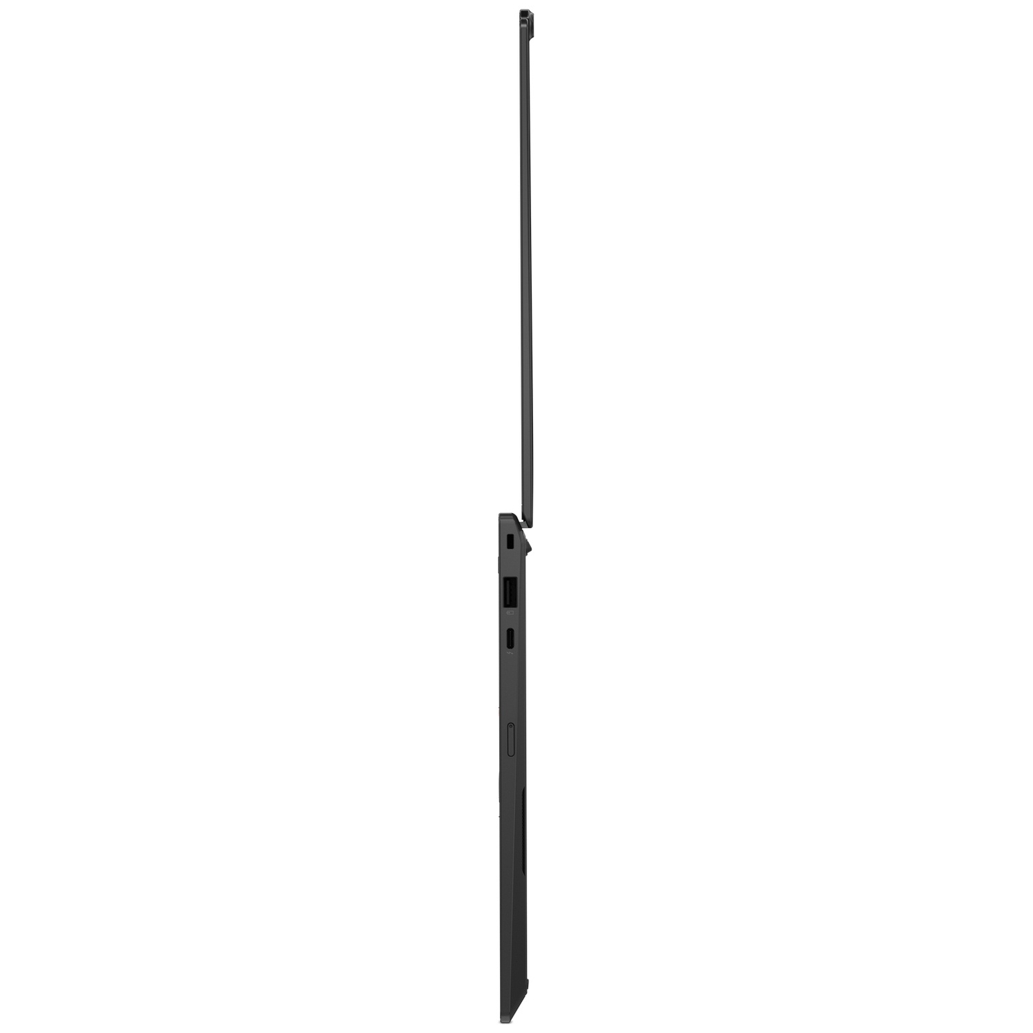 A black laptop, shown from the side on a white background, with its screen open.