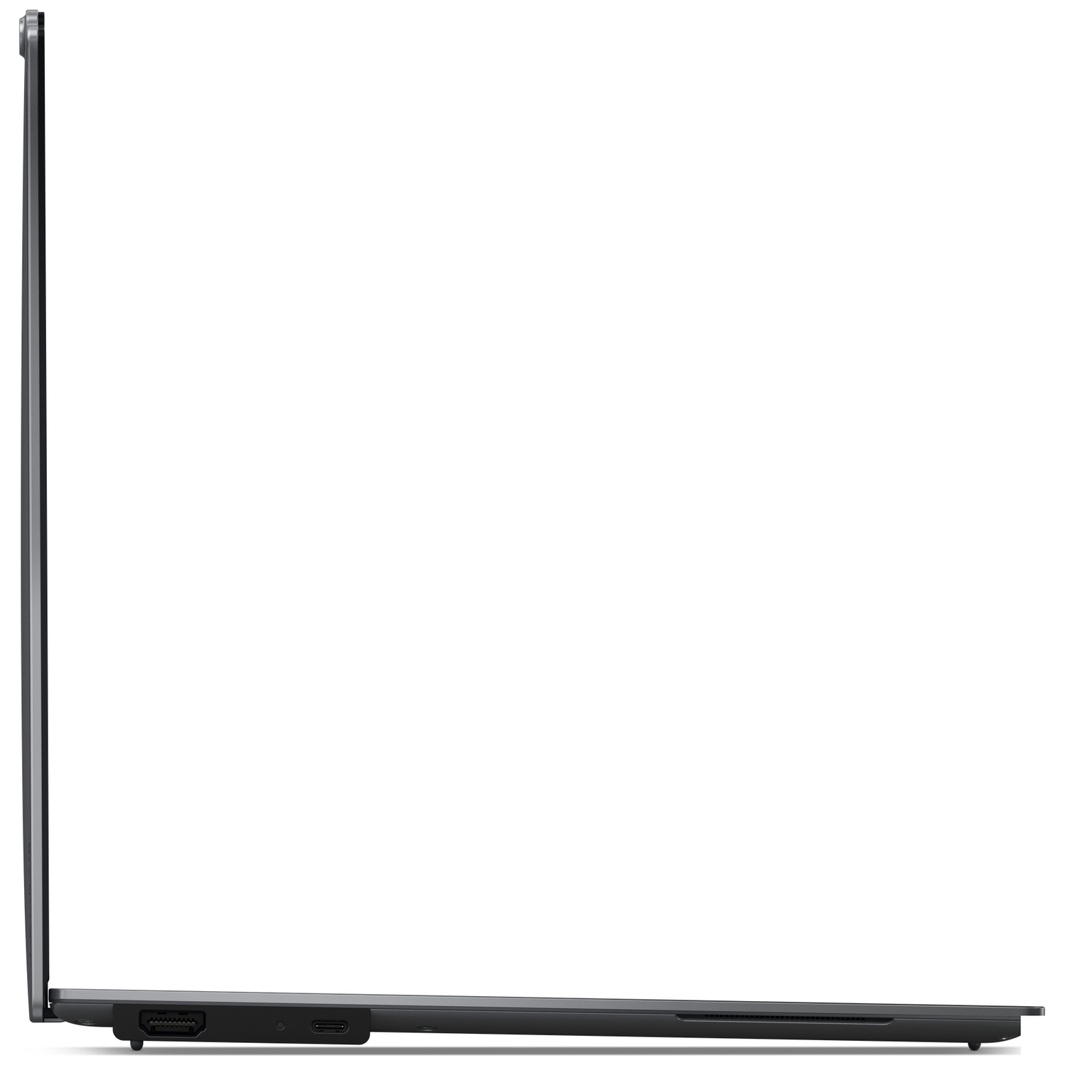 Side view of a closed grey laptop with ports on the side.