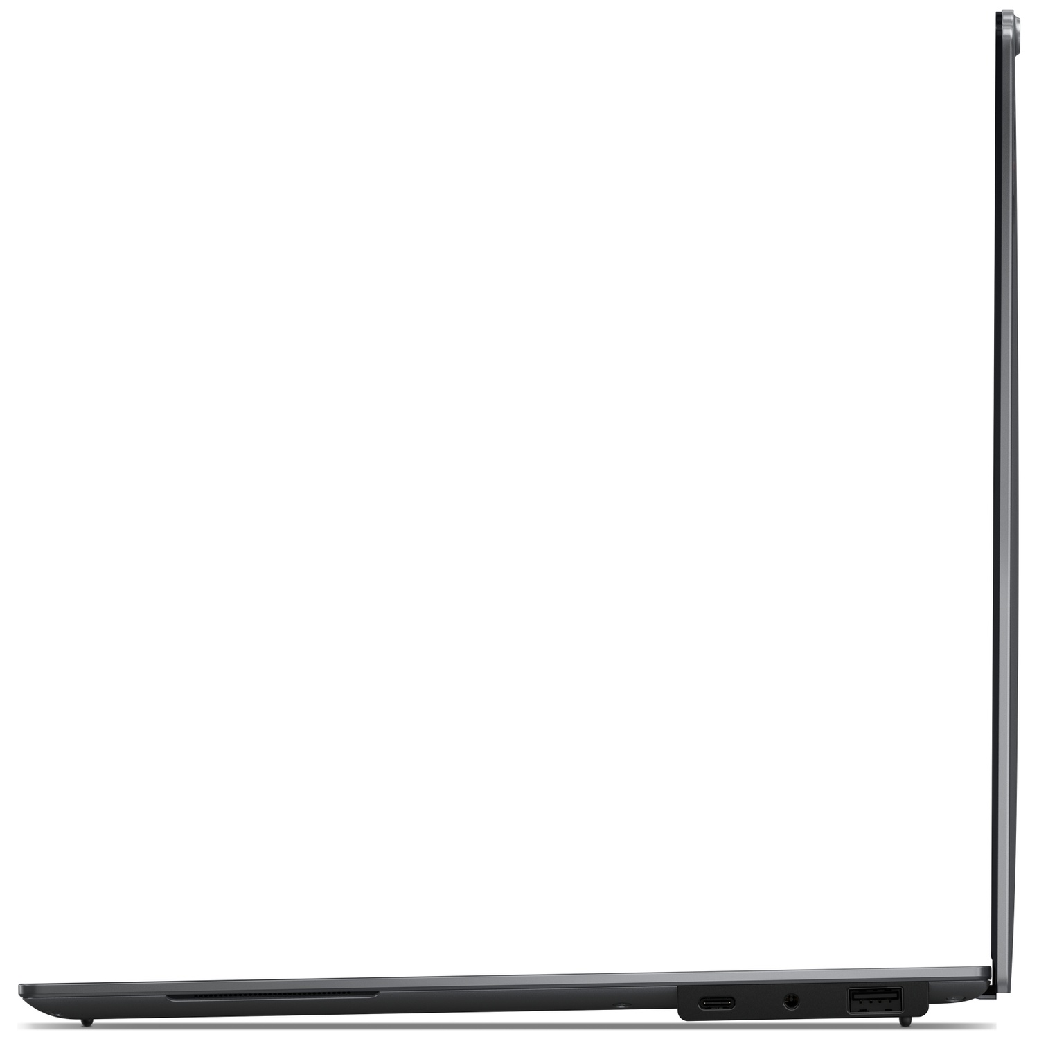 Side view of a dark laptop showing USB-C, headphone, and USB-A ports.