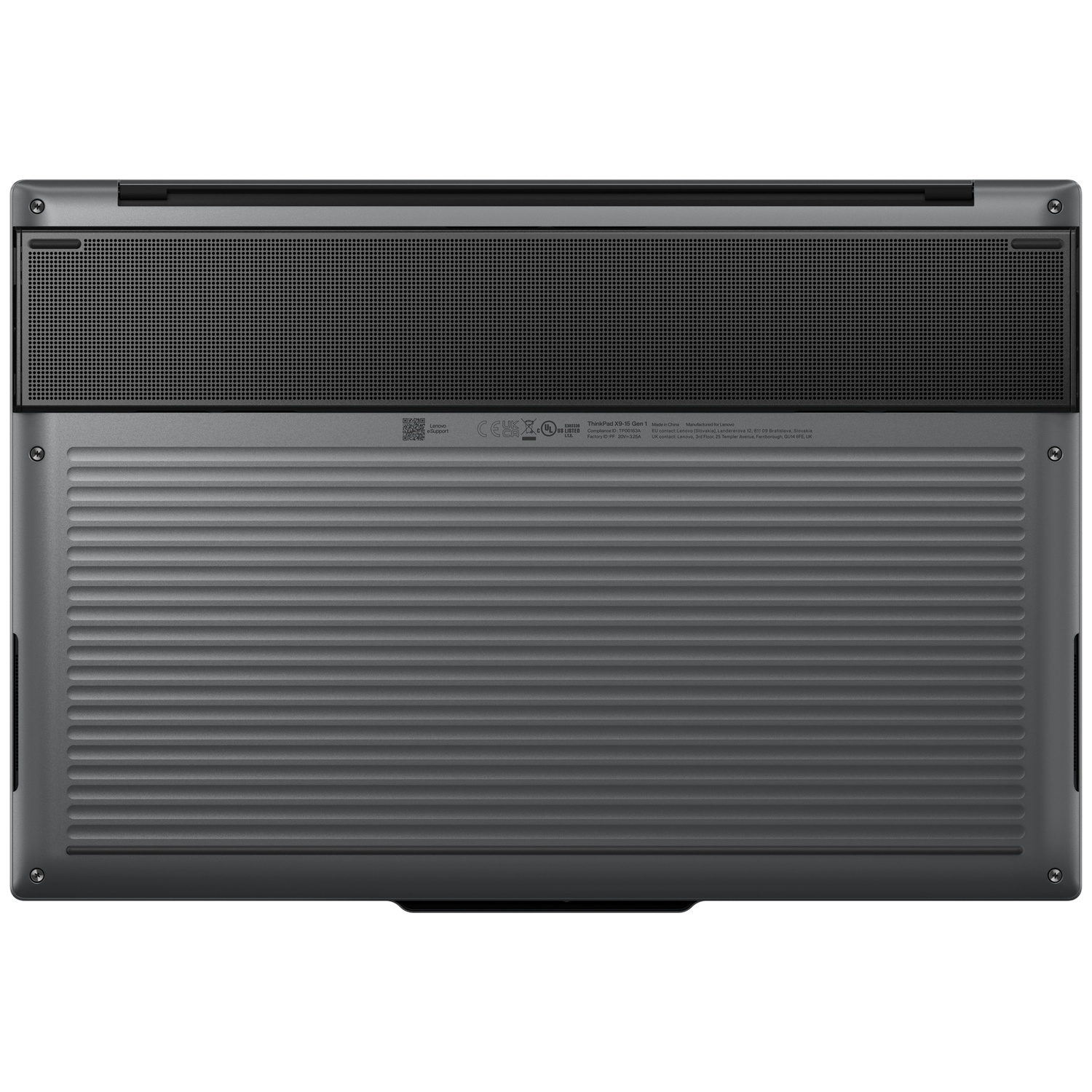 Underside of a dark laptop with vents and labels.