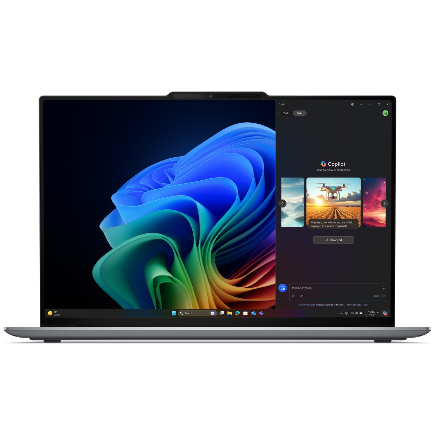 Laptop displaying Copilot AI chat with a drone image and colorful wallpaper.