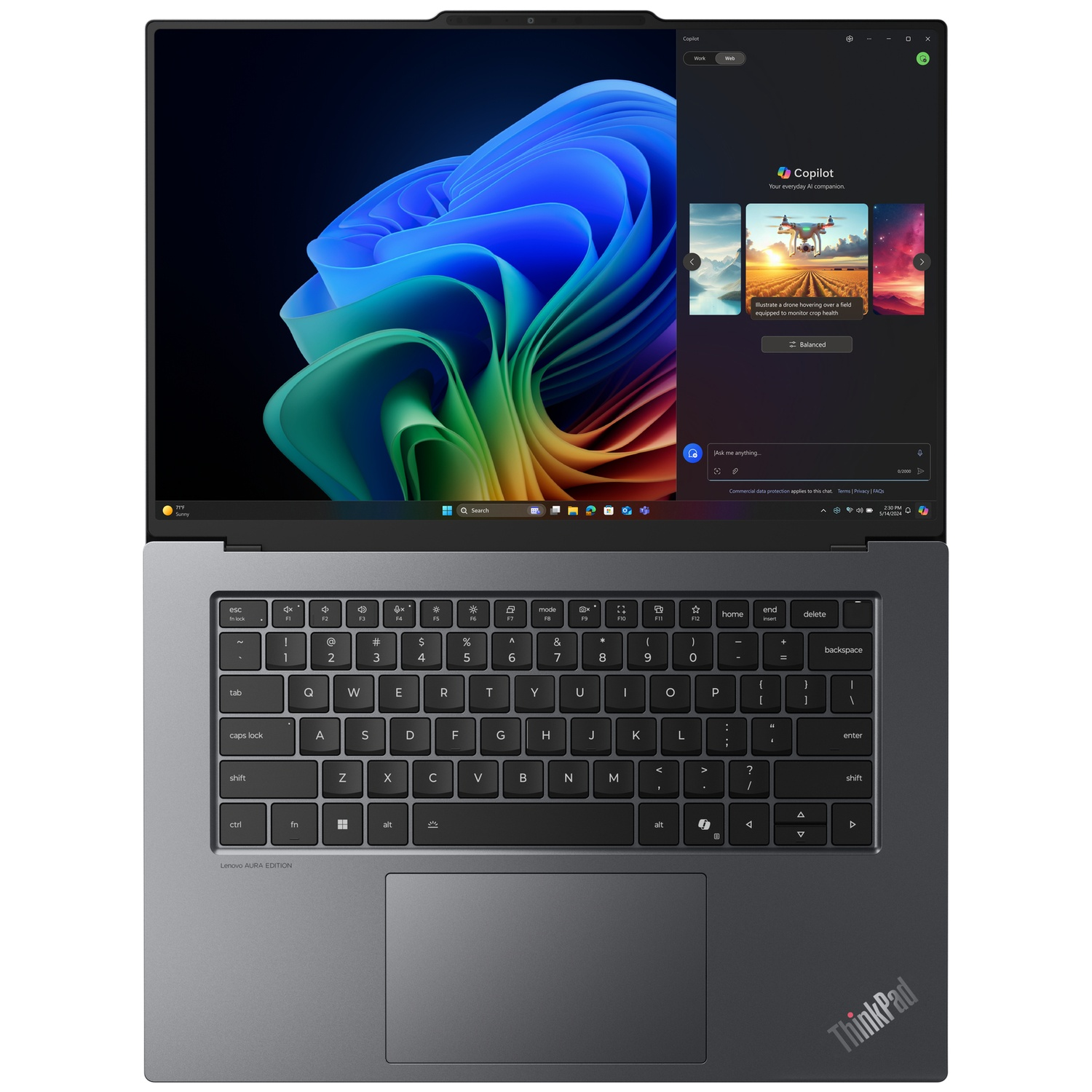 A laptop displaying the Copilot AI assistant with an abstract desktop background.